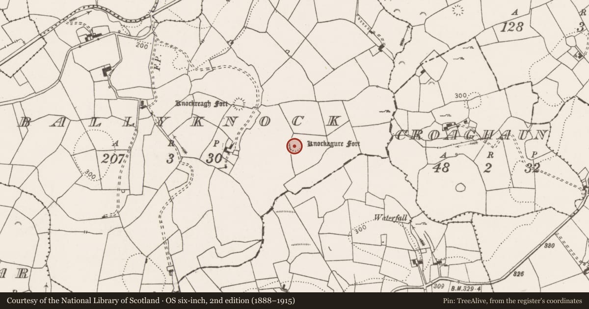Ordnance Survey six-inch map, 2nd edition (1888–1915) covering the location of Ringfort - rath, Ballyknock, County Clare, with a pin at the register's coordinates