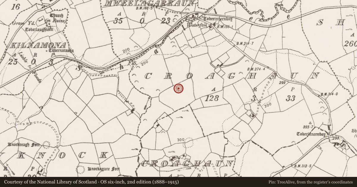 Ordnance Survey six-inch map, 2nd edition (1888–1915) covering the location of Enclosure, Croaghaun, County Clare, with a pin at the register's coordinates