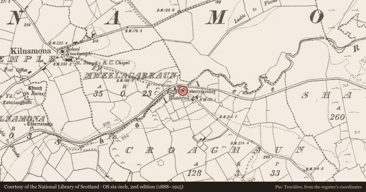 Ordnance Survey six-inch map, 2nd edition (1888–1915) covering the location of Ritual site - holy well, Croaghaun, County Clare, with a pin at the register's coordinates
