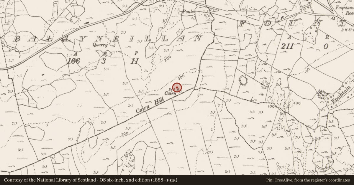 Ordnance Survey six-inch map, 2nd edition (1888–1915) covering the location of Hilltop enclosure, Ballyneillan, Bushypark, County Clare, with a pin at the register's coordinates
