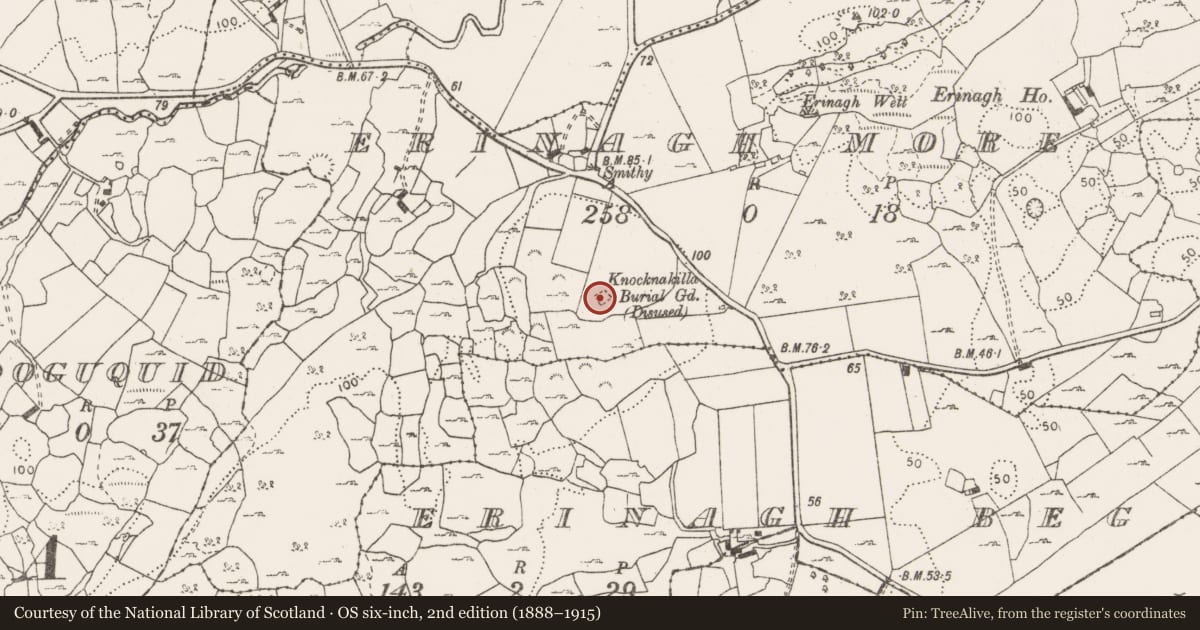 Ordnance Survey six-inch map, 2nd edition (1888–1915) covering the location of Children's burial ground, Erinagh More, County Clare, with a pin at the register's coordinates