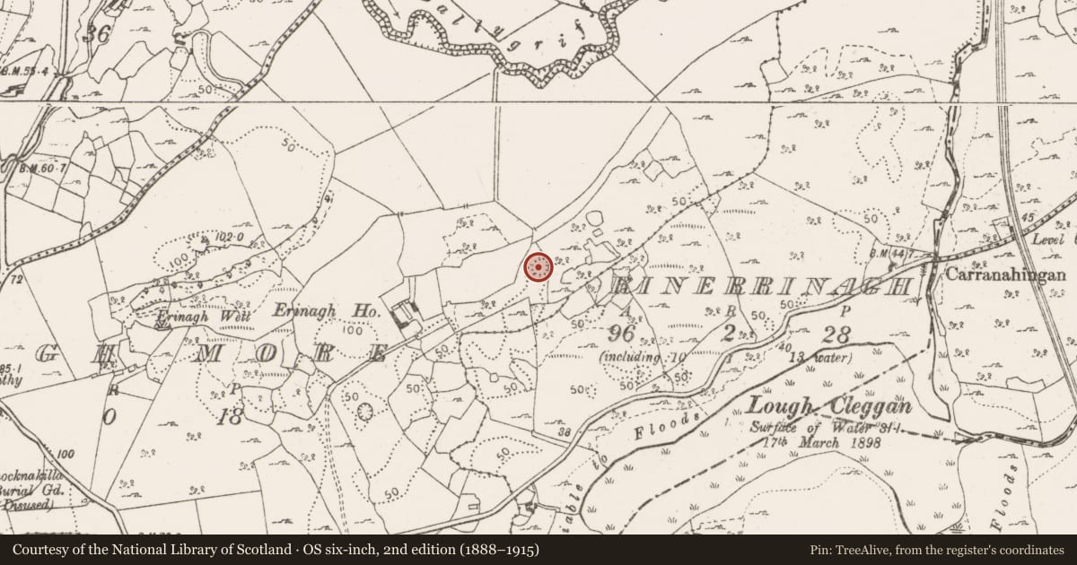 Ordnance Survey six-inch map, 2nd edition (1888–1915) covering the location of Ringfort - cashel, Erinagh More, County Clare, with a pin at the register's coordinates