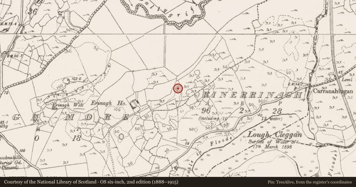 Ordnance Survey six-inch map, 2nd edition (1888–1915) covering the location of Souterrain, Erinagh More, County Clare, with a pin at the register's coordinates