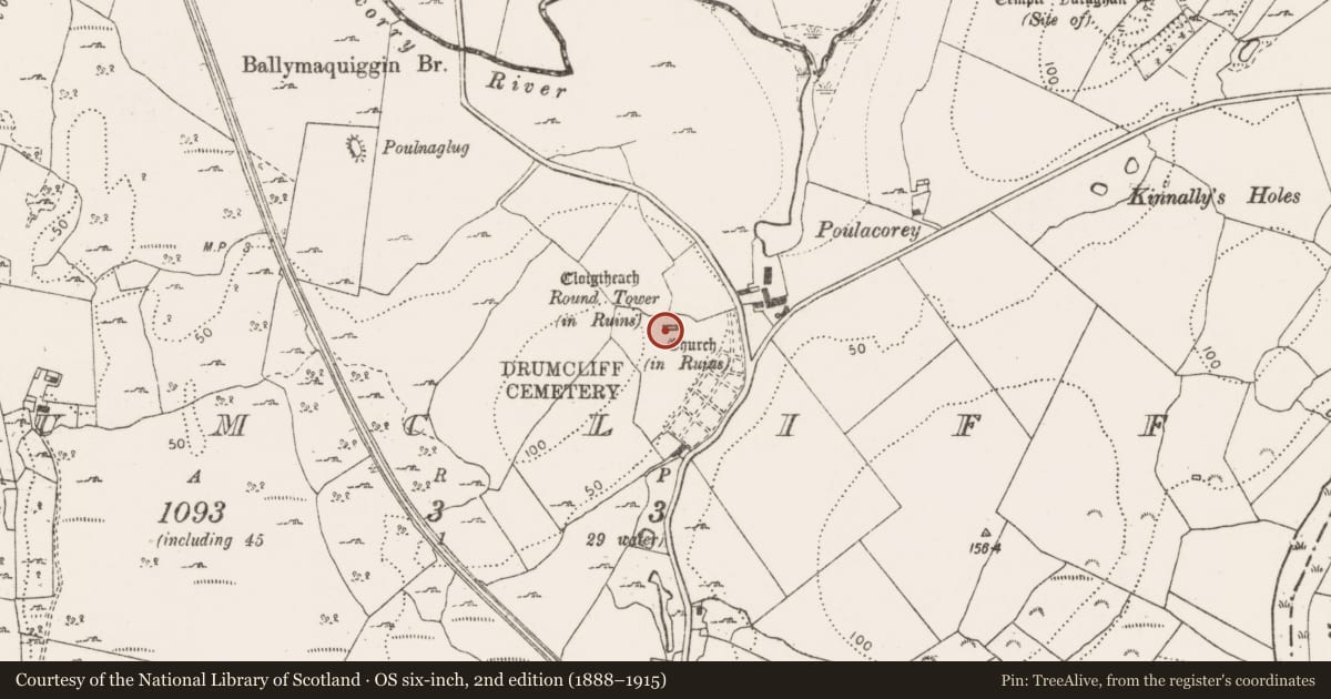 Ordnance Survey six-inch map, 2nd edition (1888–1915) covering the location of Church, Drumcliff, County Clare, with a pin at the register's coordinates
