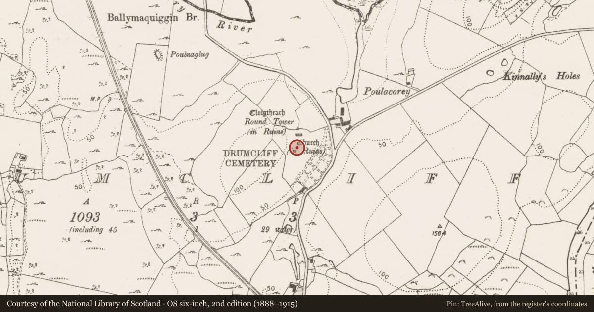 Ordnance Survey six-inch map, 2nd edition (1888–1915) covering the location of Graveyard, Drumcliff, County Clare, with a pin at the register's coordinates