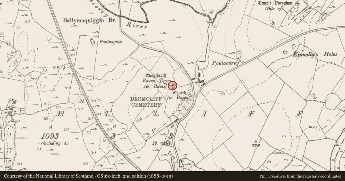 Ordnance Survey six-inch map, 2nd edition (1888–1915) covering the location of Round tower, Drumcliff, County Clare, with a pin at the register's coordinates