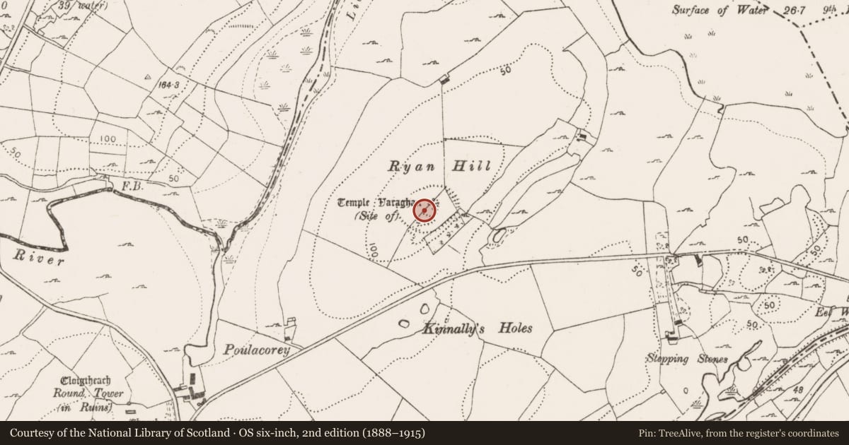 Ordnance Survey six-inch map, 2nd edition (1888–1915) covering the location of Ecclesiastical enclosure, Drumcliff, County Clare, with a pin at the register's coordinates