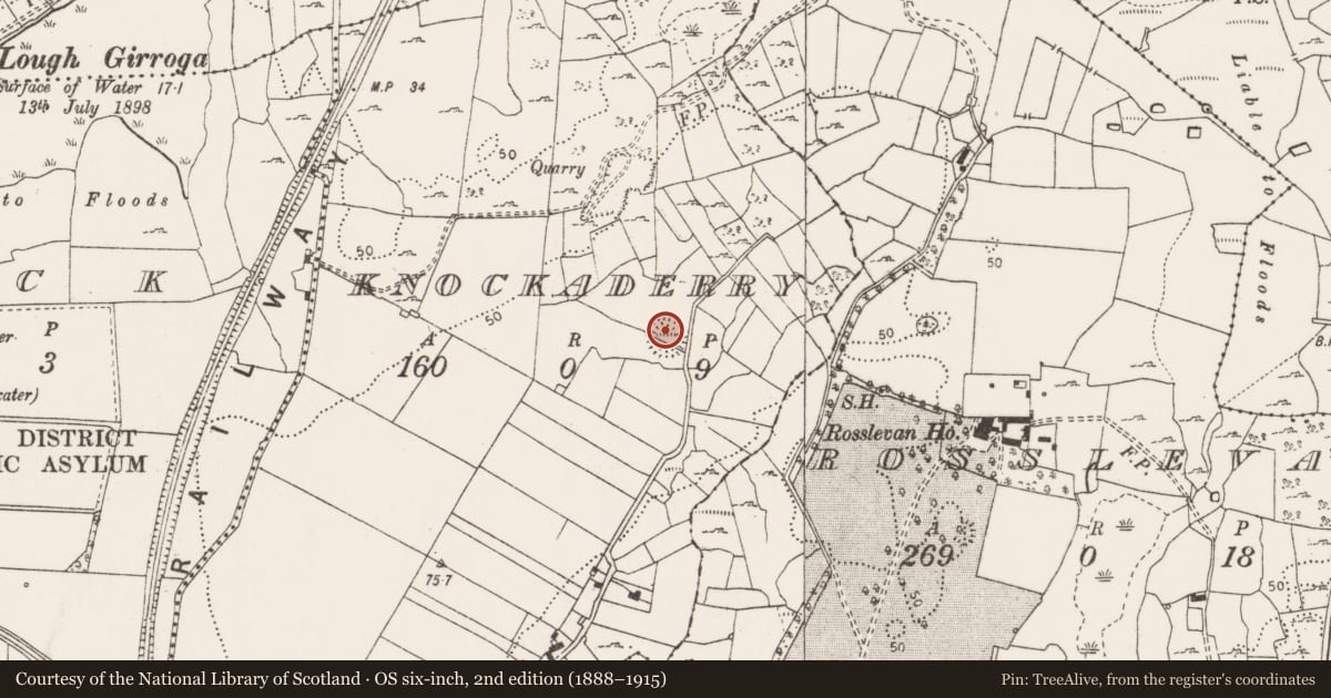Ordnance Survey six-inch map, 2nd edition (1888–1915) covering the location of Hut site, Knockaderry, County Clare, with a pin at the register's coordinates