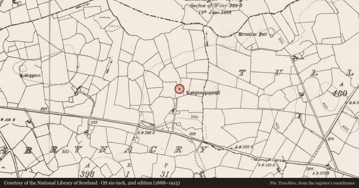 Ordnance Survey six-inch map, 2nd edition (1888–1915) covering the location of Ringfort - rath, Garrynagry, County Clare, with a pin at the register's coordinates