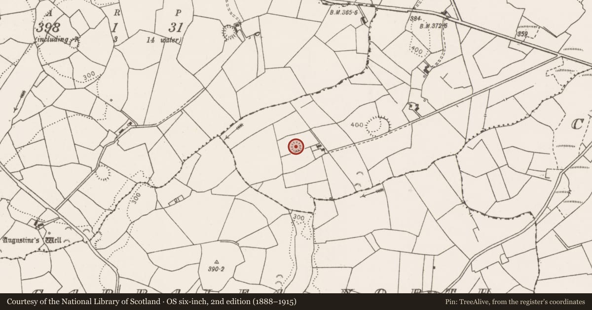 Ordnance Survey six-inch map, 2nd edition (1888–1915) covering the location of Ringfort - rath, Tullassa, County Clare, with a pin at the register's coordinates