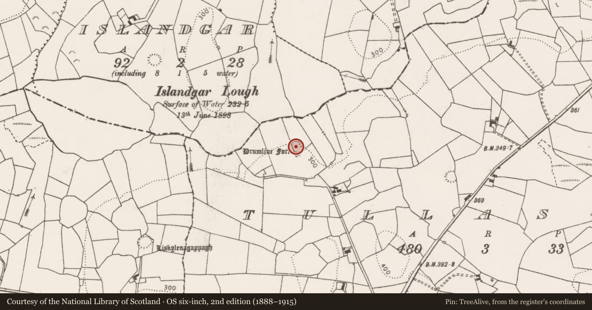 Ordnance Survey six-inch map, 2nd edition (1888–1915) covering the location of Earthwork, Tullassa, County Clare, with a pin at the register's coordinates