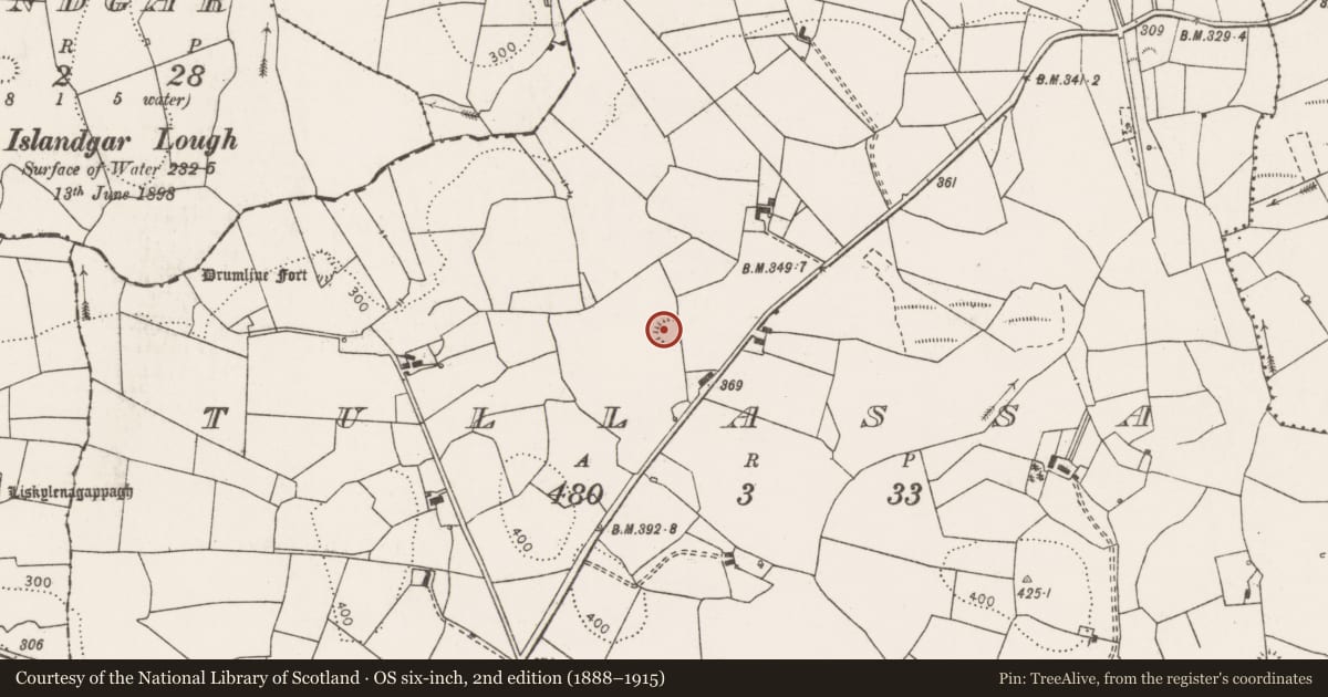Ordnance Survey six-inch map, 2nd edition (1888–1915) covering the location of Souterrain, Tullassa, County Clare, with a pin at the register's coordinates