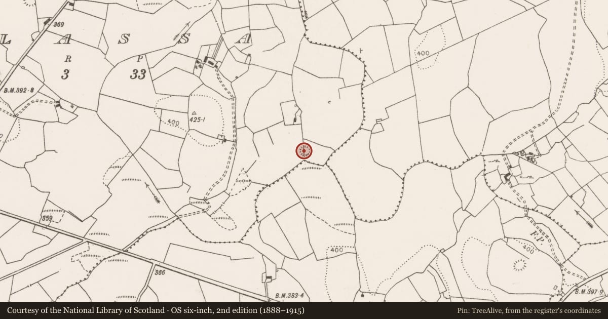 Ordnance Survey six-inch map, 2nd edition (1888–1915) covering the location of Earthwork, Tullassa, County Clare, with a pin at the register's coordinates