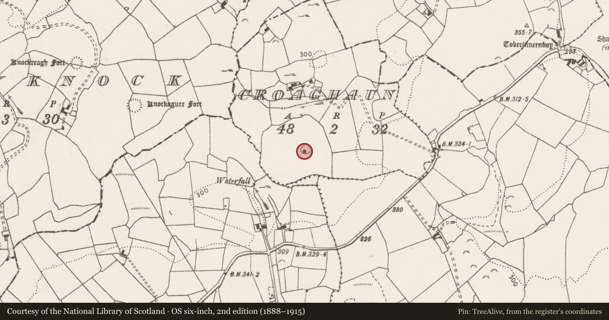 Ordnance Survey six-inch map, 2nd edition (1888–1915) covering the location of Enclosure, Croaghaun, County Clare, with a pin at the register's coordinates