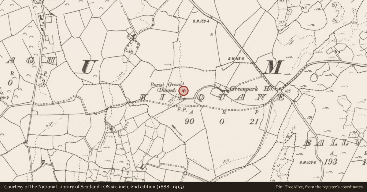 Ordnance Survey six-inch map, 2nd edition (1888–1915) covering the location of Bullaun stone, Kilquane, County Clare, with a pin at the register's coordinates