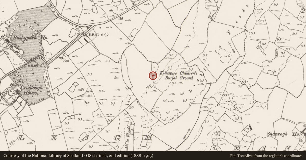 Ordnance Survey six-inch map, 2nd edition (1888–1915) covering the location of Children's burial ground, Cragleagh, County Clare, with a pin at the register's coordinates