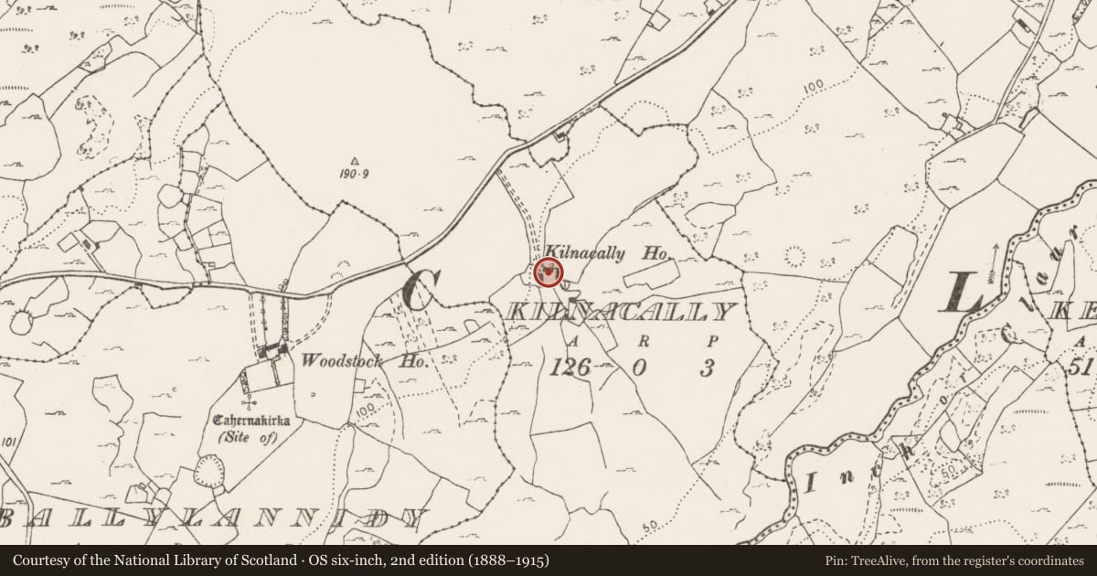 Ordnance Survey six-inch map, 2nd edition (1888–1915) covering the location of House - 18th/19th century, Kilnacally, County Clare, with a pin at the register's coordinates
