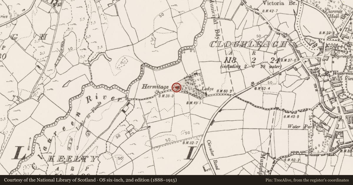 Ordnance Survey six-inch map, 2nd edition (1888–1915) covering the location of House - 18th/19th century, Cloghleagh, County Clare, with a pin at the register's coordinates