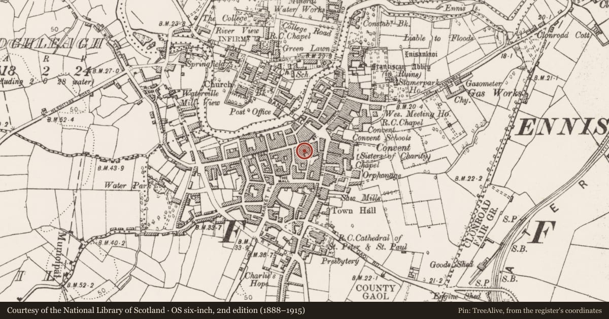 Ordnance Survey six-inch map, 2nd edition (1888–1915) covering the location of Historic town, County Clare, with a pin at the register's coordinates