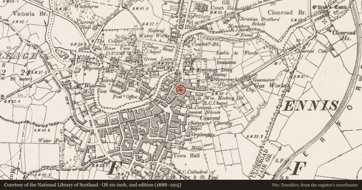 Ordnance Survey six-inch map, 2nd edition (1888–1915) covering the location of House - 16th/17th century, Clonroad Beg, County Clare, with a pin at the register's coordinates