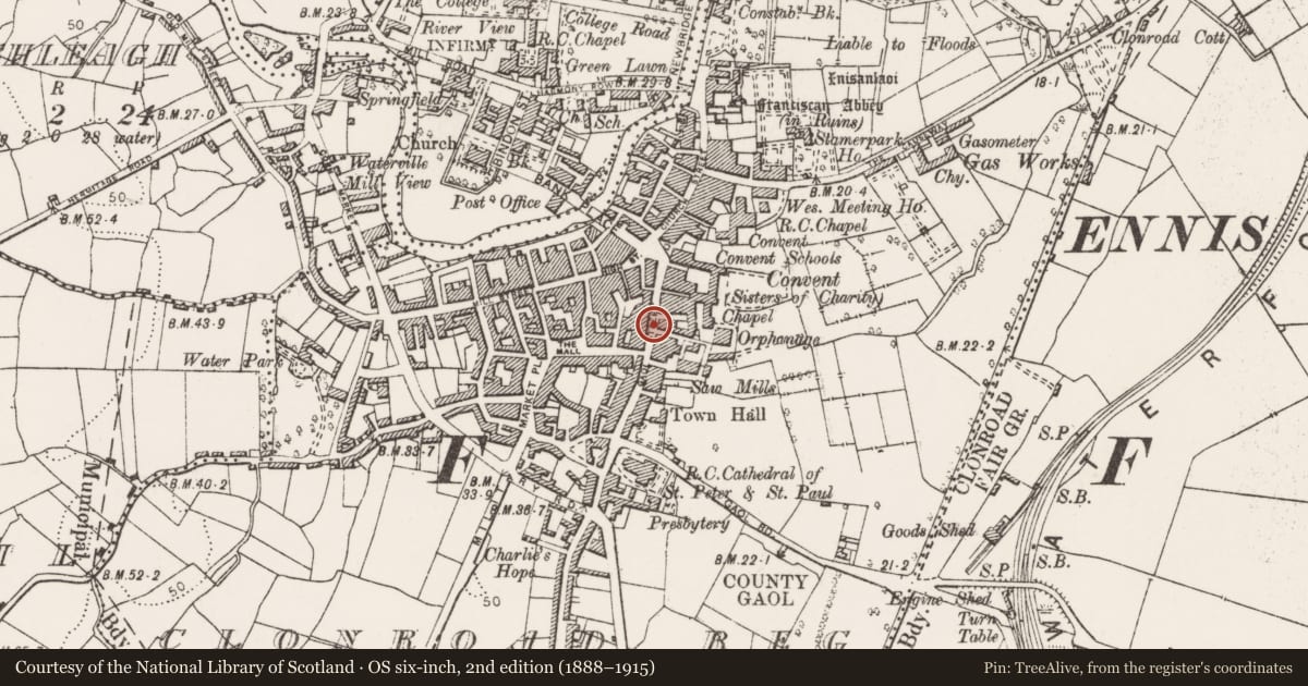 Ordnance Survey six-inch map, 2nd edition (1888–1915) covering the location of House - 16th/17th century, Clonroad Beg, County Clare, with a pin at the register's coordinates
