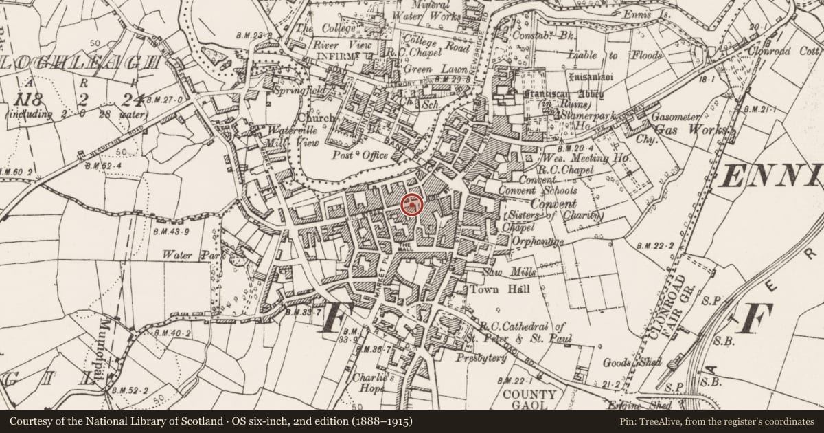 Ordnance Survey six-inch map, 2nd edition (1888–1915) covering the location of House - 16th/17th century, Clonroad Beg, County Clare, with a pin at the register's coordinates