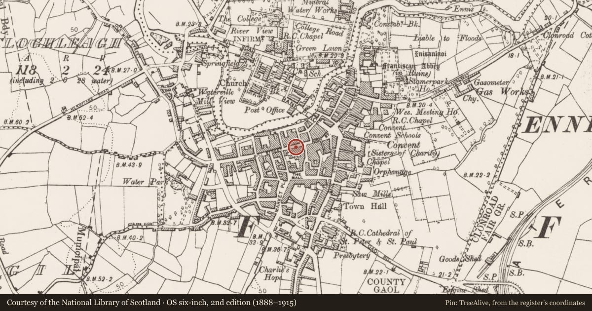 Ordnance Survey six-inch map, 2nd edition (1888–1915) covering the location of House - 16th/17th century, Clonroad Beg, County Clare, with a pin at the register's coordinates
