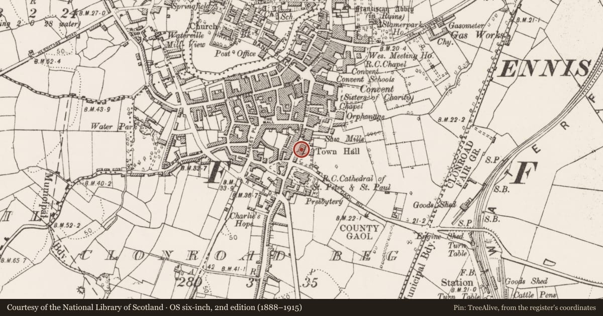 Ordnance Survey six-inch map, 2nd edition (1888–1915) covering the location of Castle - tower house, Clonroad Beg, County Clare, with a pin at the register's coordinates