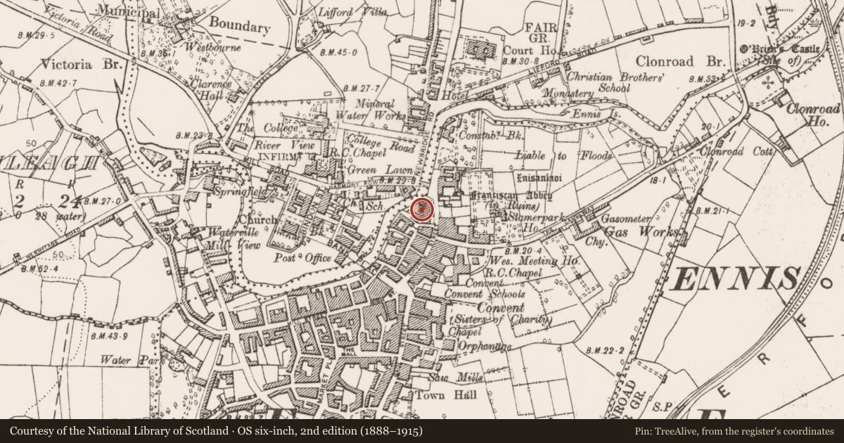 Ordnance Survey six-inch map, 2nd edition (1888–1915) covering the location of Castle - tower house, Clonroad Beg, County Clare, with a pin at the register's coordinates
