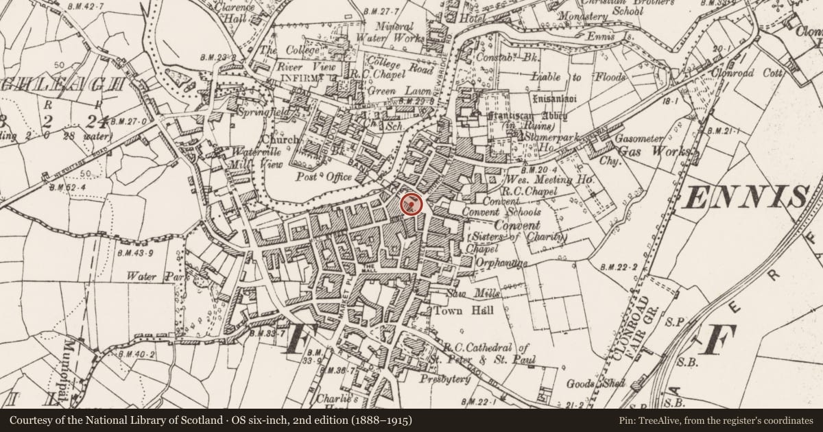 Ordnance Survey six-inch map, 2nd edition (1888–1915) covering the location of Inn, Clonroad Beg, County Clare, with a pin at the register's coordinates