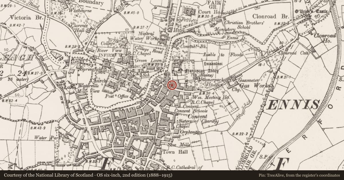 Ordnance Survey six-inch map, 2nd edition (1888–1915) covering the location of House - 17th century, Clonroad Beg, County Clare, with a pin at the register's coordinates
