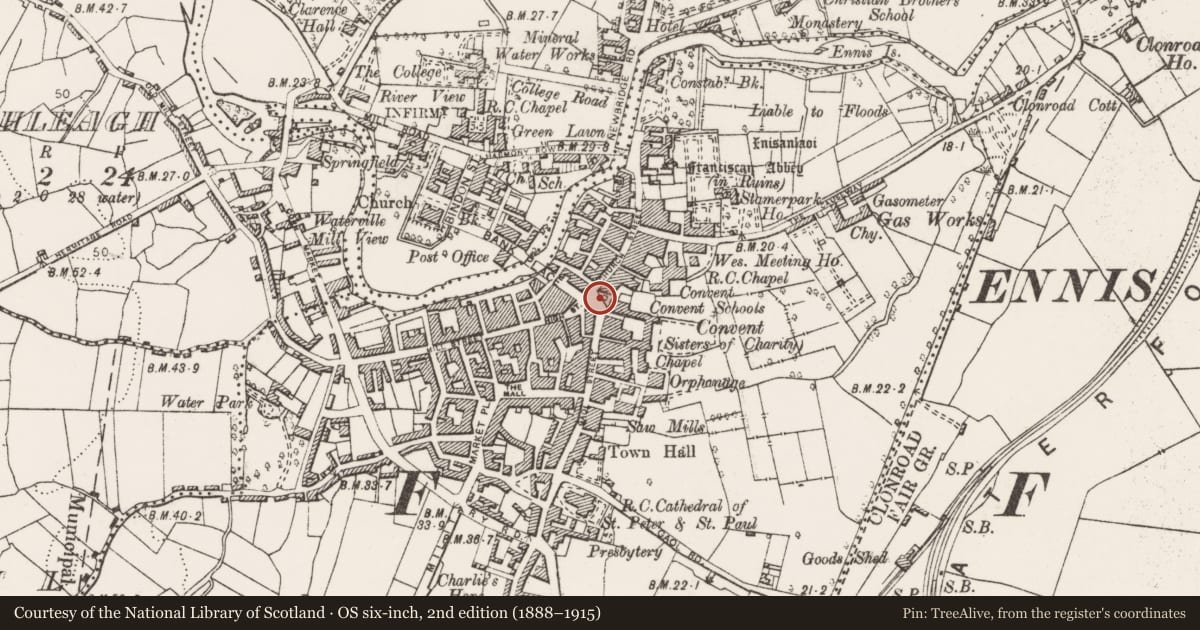Ordnance Survey six-inch map, 2nd edition (1888–1915) covering the location of Market-house, Clonroad Beg, County Clare, with a pin at the register's coordinates