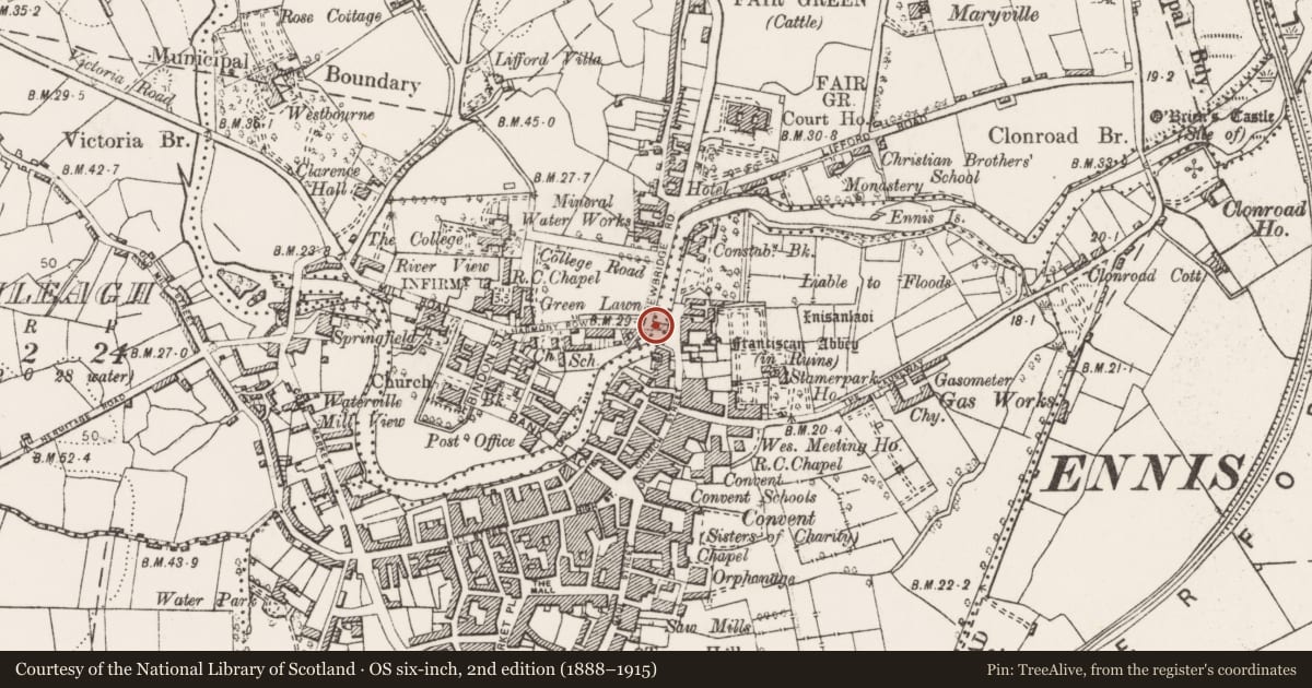 Ordnance Survey six-inch map, 2nd edition (1888–1915) covering the location of Bridge, Lifford, Clonroad Beg, County Clare, with a pin at the register's coordinates