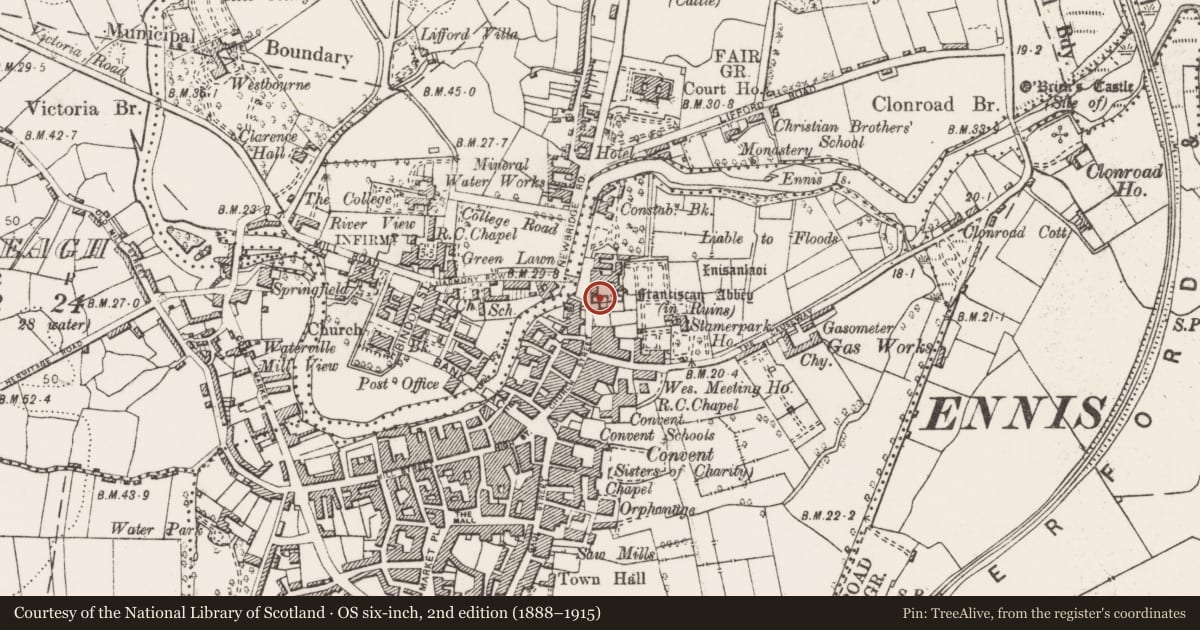 Ordnance Survey six-inch map, 2nd edition (1888–1915) covering the location of Wall monument, Clonroad Beg, County Clare, with a pin at the register's coordinates