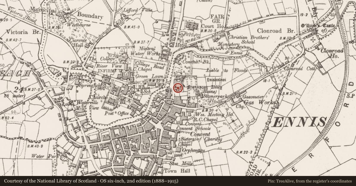 Ordnance Survey six-inch map, 2nd edition (1888–1915) covering the location of Wall monument, Clonroad Beg, County Clare, with a pin at the register's coordinates