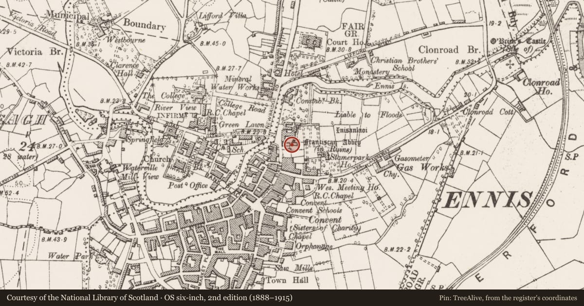 Ordnance Survey six-inch map, 2nd edition (1888–1915) covering the location of Wall monument, Clonroad Beg, County Clare, with a pin at the register's coordinates