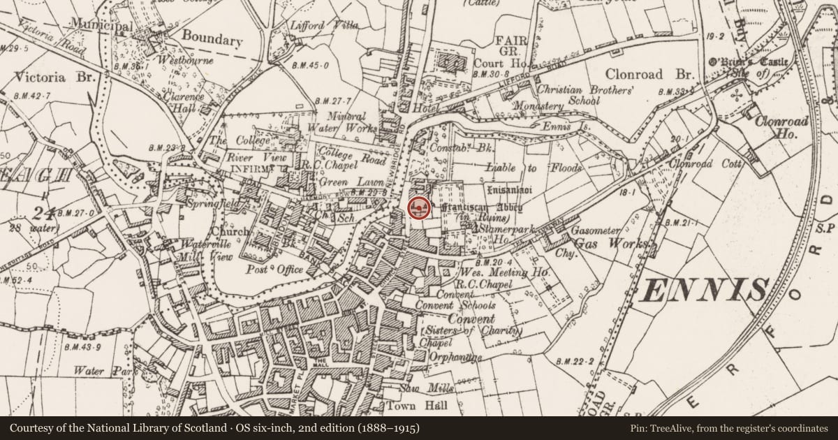 Ordnance Survey six-inch map, 2nd edition (1888–1915) covering the location of Wall monument, Clonroad Beg, County Clare, with a pin at the register's coordinates