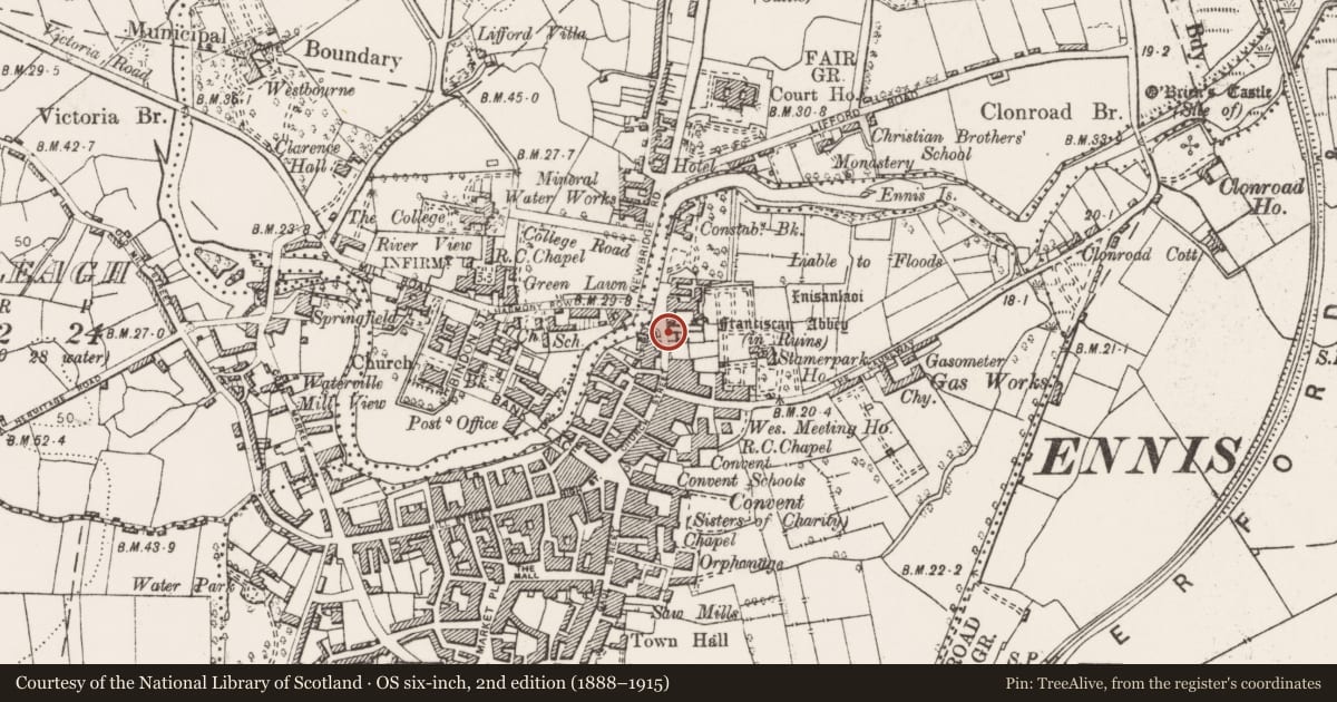 Ordnance Survey six-inch map, 2nd edition (1888–1915) covering the location of Wall monument, Clonroad Beg, County Clare, with a pin at the register's coordinates