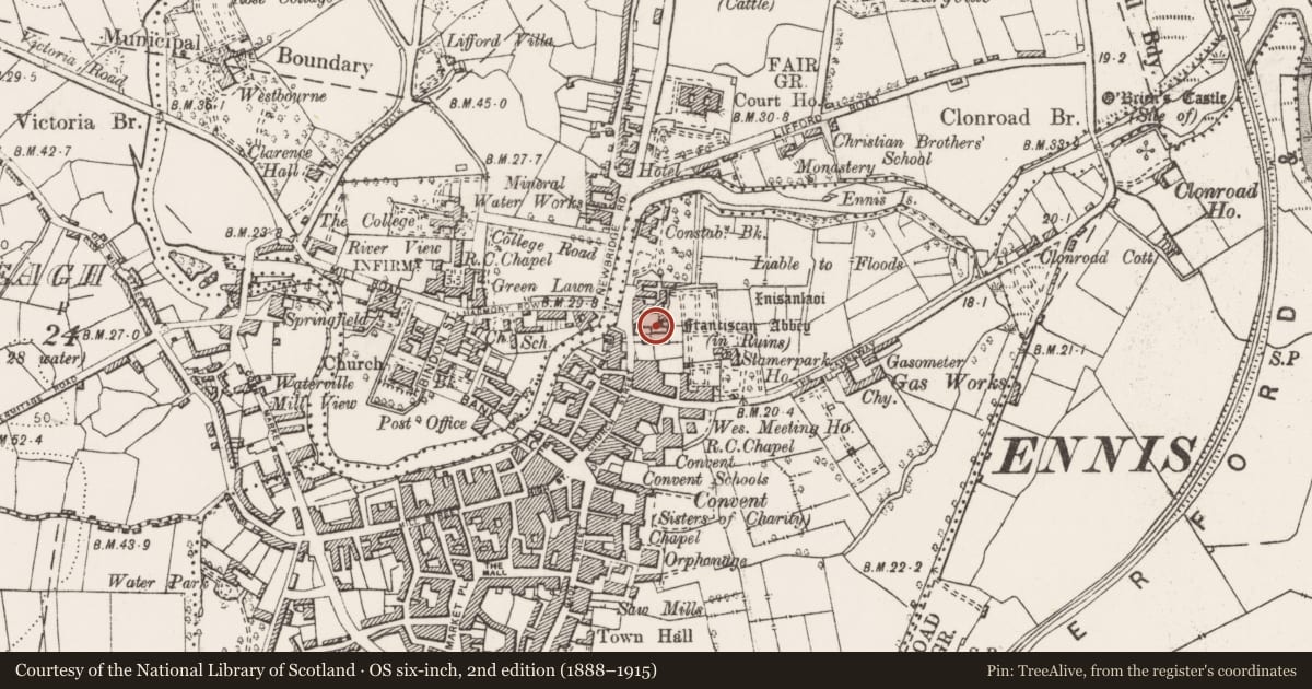 Ordnance Survey six-inch map, 2nd edition (1888–1915) covering the location of Wall monument, Clonroad Beg, County Clare, with a pin at the register's coordinates
