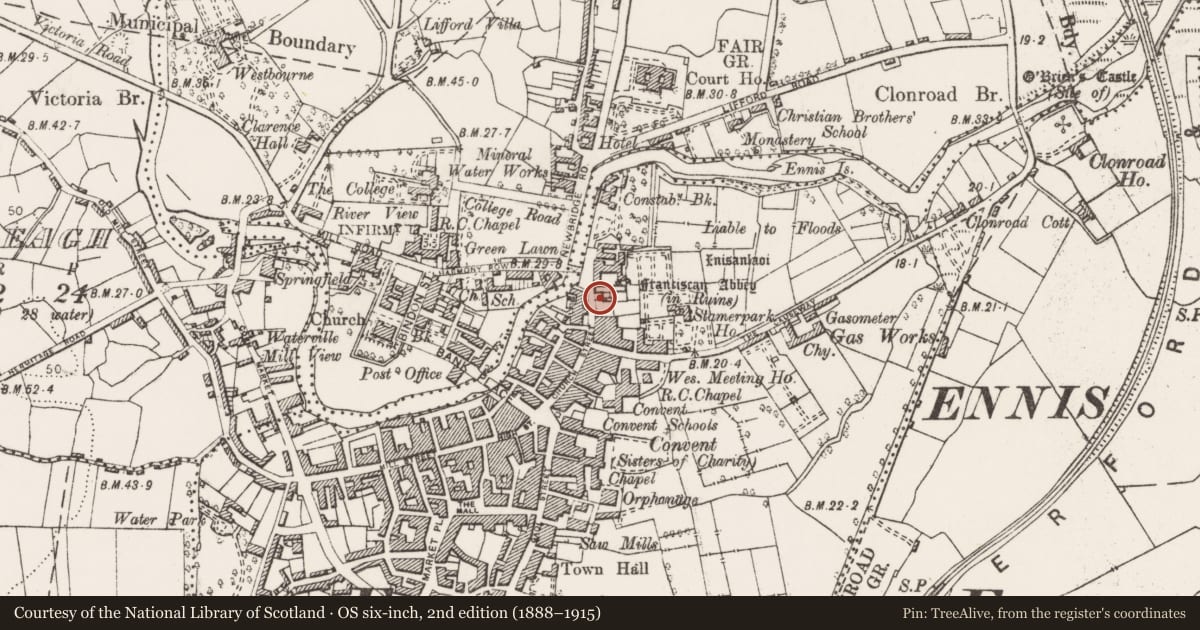 Ordnance Survey six-inch map, 2nd edition (1888–1915) covering the location of Wall monument, Clonroad Beg, County Clare, with a pin at the register's coordinates