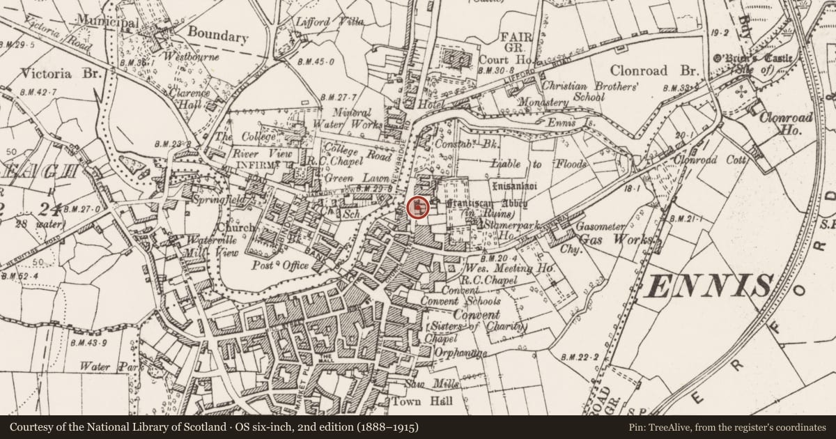 Ordnance Survey six-inch map, 2nd edition (1888–1915) covering the location of Graveslab, Clonroad Beg, County Clare, with a pin at the register's coordinates