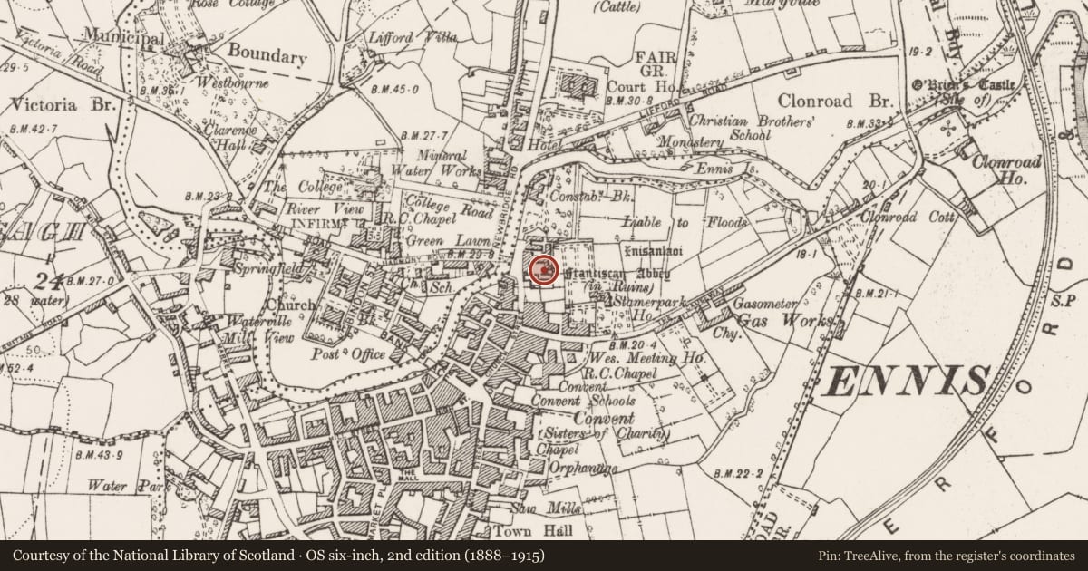 Ordnance Survey six-inch map, 2nd edition (1888–1915) covering the location of Graveslab, Clonroad Beg, County Clare, with a pin at the register's coordinates