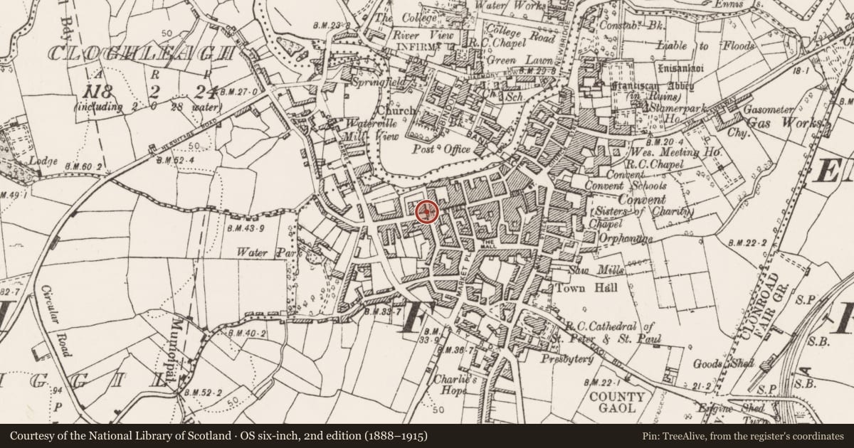 Ordnance Survey six-inch map, 2nd edition (1888–1915) covering the location of Gatehouse, Clonroad Beg, County Clare, with a pin at the register's coordinates