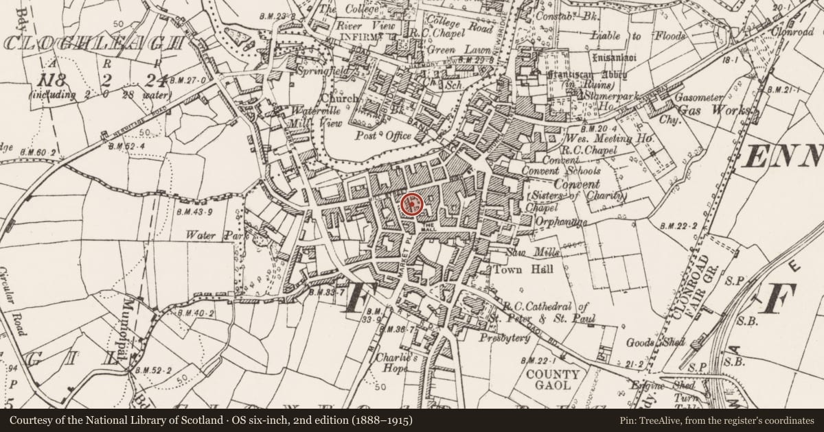 Ordnance Survey six-inch map, 2nd edition (1888–1915) covering the location of Well, Clonroad Beg, County Clare, with a pin at the register's coordinates