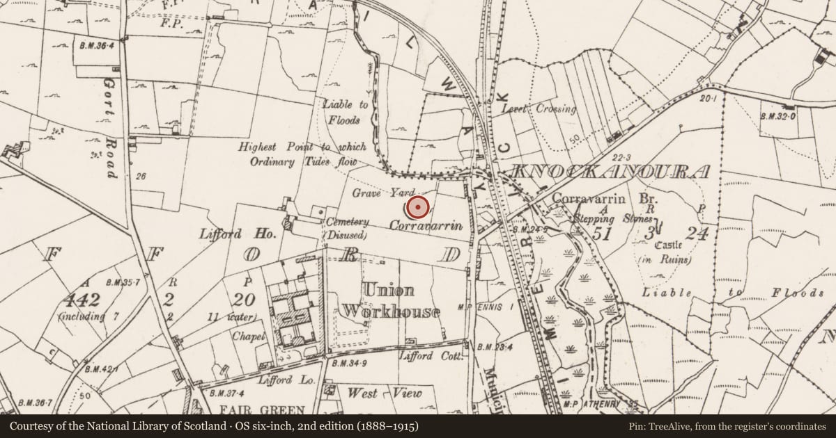 Ordnance Survey six-inch map, 2nd edition (1888–1915) covering the location of Graveslab, Lifford, County Clare, with a pin at the register's coordinates