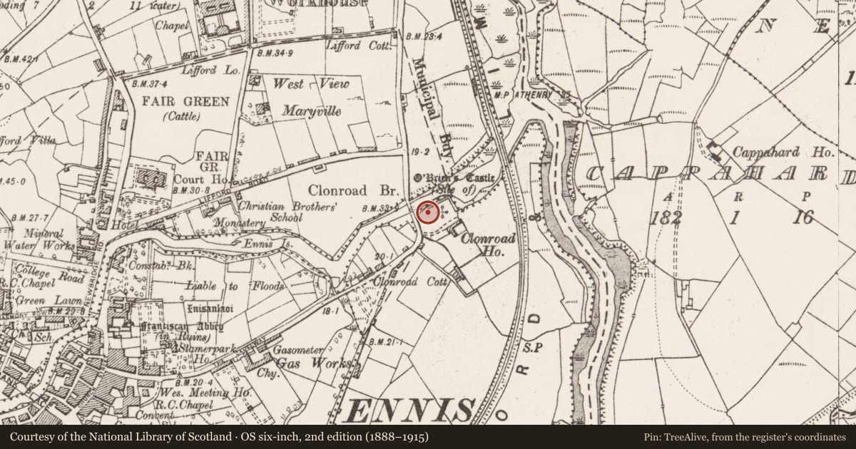 Ordnance Survey six-inch map, 2nd edition (1888–1915) covering the location of Settlement deserted - medieval, Lifford, Clonroad More, County Clare, with a pin at the register's coordinates