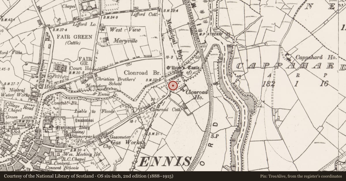 Ordnance Survey six-inch map, 2nd edition (1888–1915) covering the location of House - 16th/17th century, Clonroad More, County Clare, with a pin at the register's coordinates