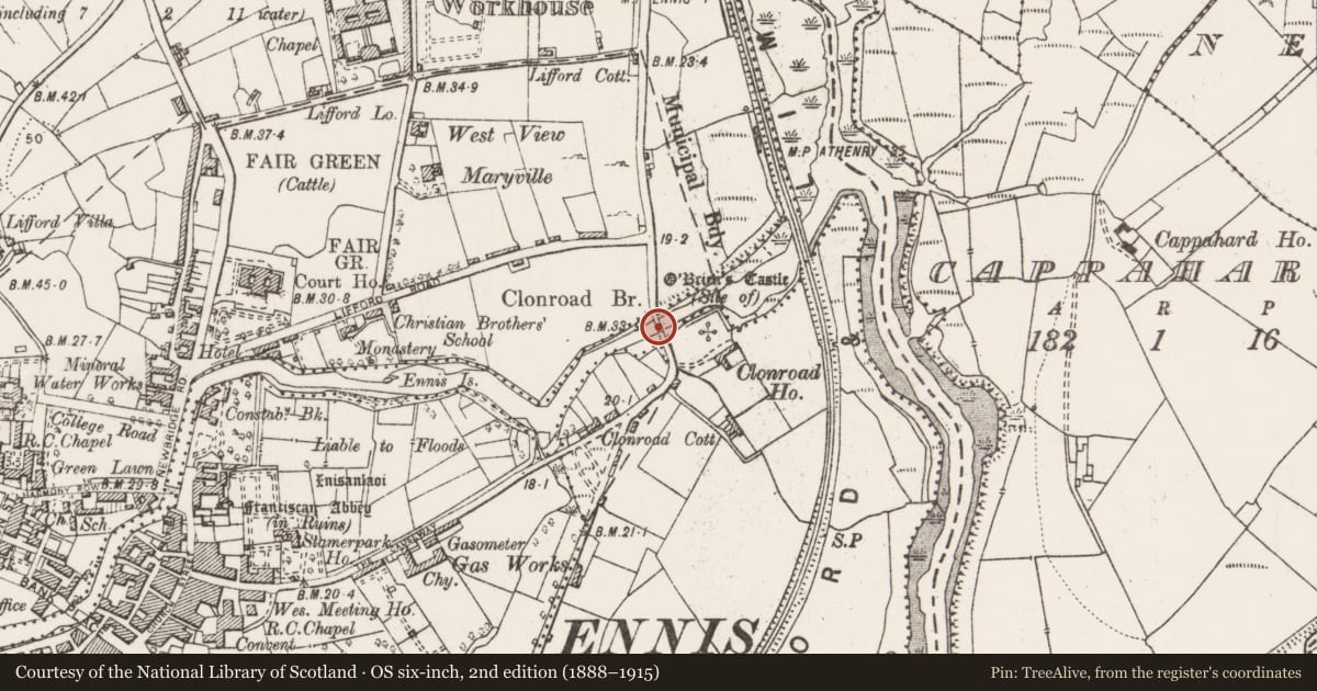 Ordnance Survey six-inch map, 2nd edition (1888–1915) covering the location of Bridge, Clonroad More, Lifford, County Clare, with a pin at the register's coordinates