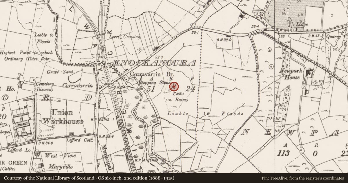 Ordnance Survey six-inch map, 2nd edition (1888–1915) covering the location of Castle - unclassified, Knockanoura, County Clare, with a pin at the register's coordinates