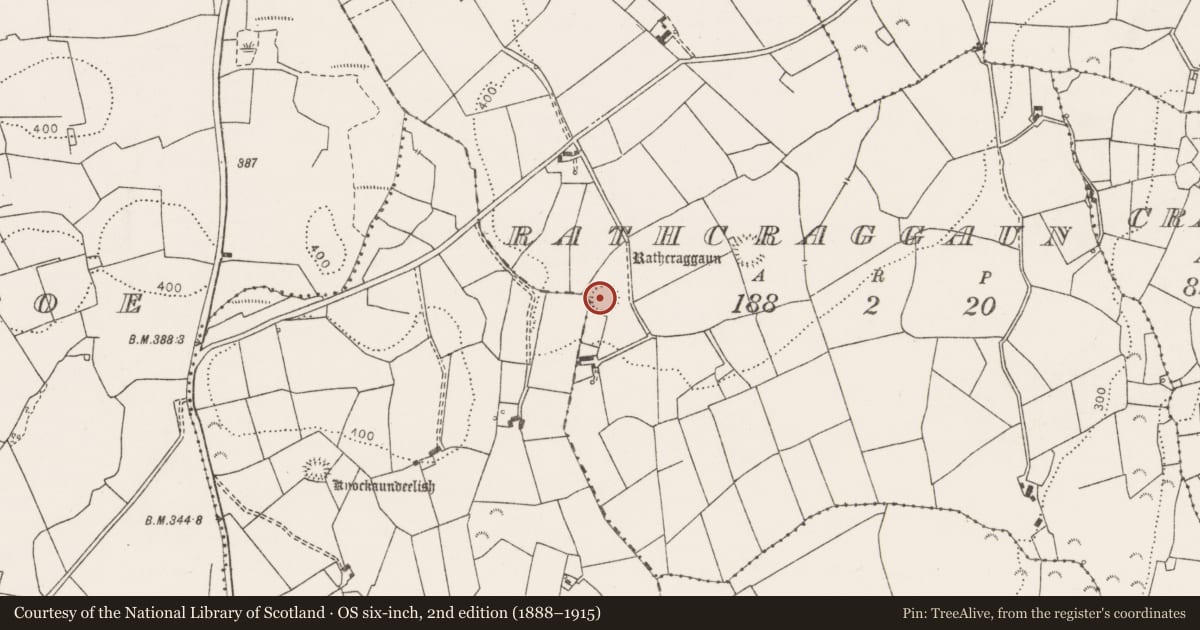 Ordnance Survey six-inch map, 2nd edition (1888–1915) covering the location of Ringfort - rath, Rathcraggaun, County Clare, with a pin at the register's coordinates